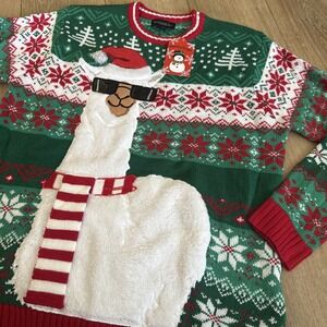 Blizzard Bay Men's Med Green Ugly Christmas‎ Sweater Cool Llama Sunglasses Santa